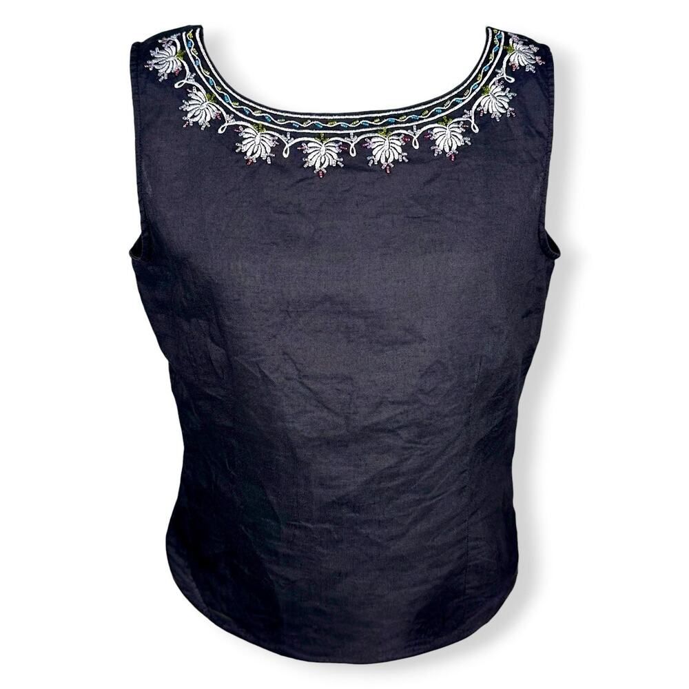 Y2K Black Linen Shell Top Beaded Embroidered Floral Sleeveless Zip Blouse Medium
